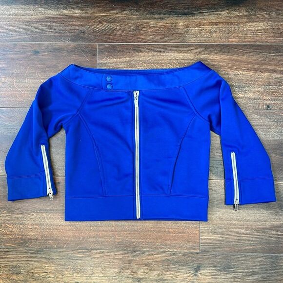 Tommy Hilfiger Jeans Size Small Cropped Off the Shoulder Top Blue Zip Up 90s Y2K - Picture 1 of 12